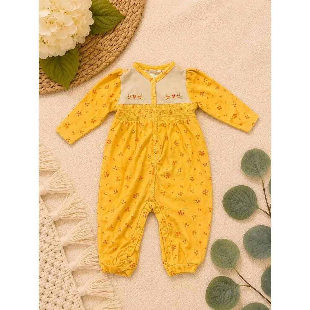 Vintage Okie Dokie Baby Yellow Floral Smocked Footless Sleeper Romper One Piece